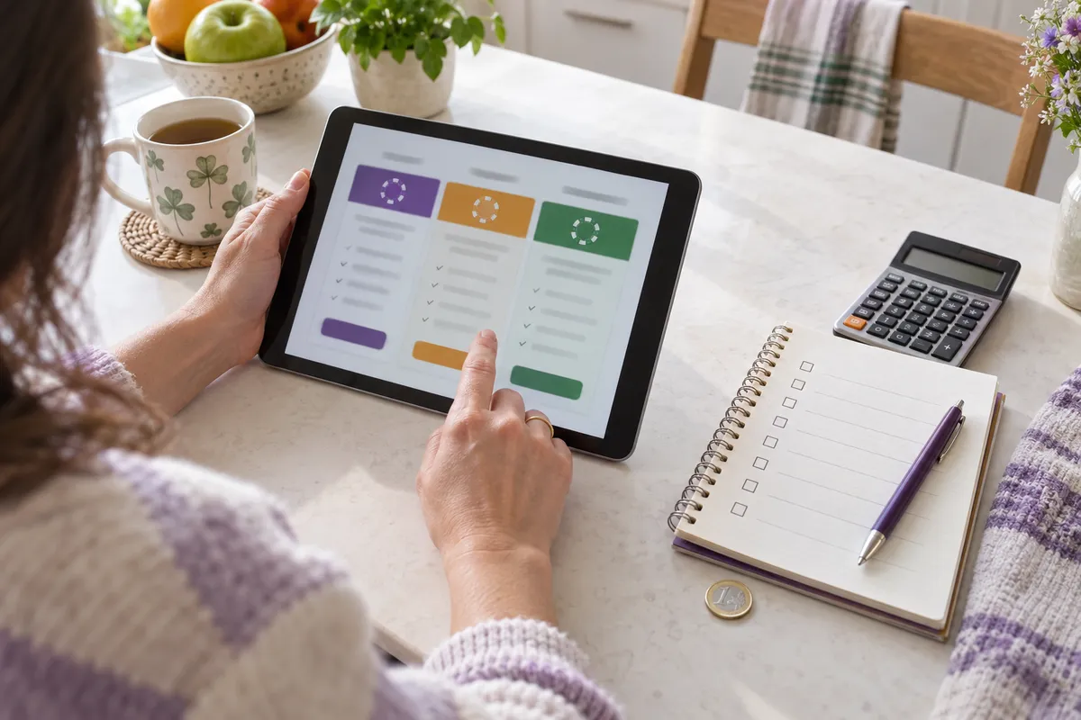 Comparing bonus conditions on a tablet beside a notebook and calculator
